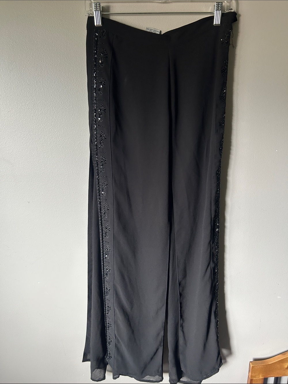 Black Straight-Leg Embellished Evening Pants
